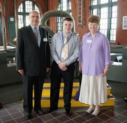 Left to right: MWRA Deputy Director of Operations Marcis Kempe, essay contest winner Dennis Leahy and his teacher, Katherine Fogarty, Boston Latin Academy. The award was presented to Leahy during a ceremony on May 27 at Deer Island. Photo courtesy MWRA